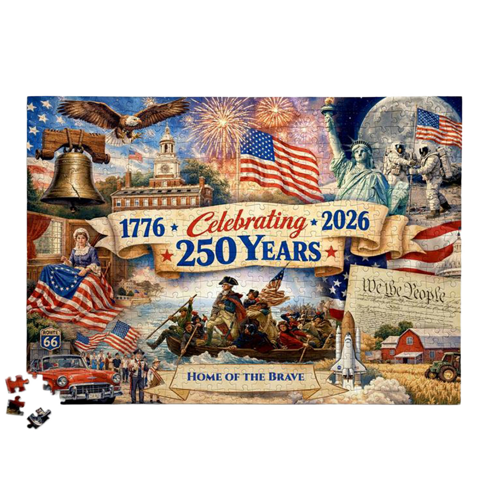 Patriotic puzzle with American-themed elements and text celebrating 250 years.