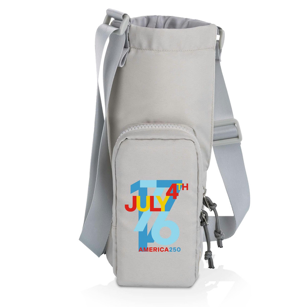 Gray crossbody water bottle bag with colorful text design on a white background