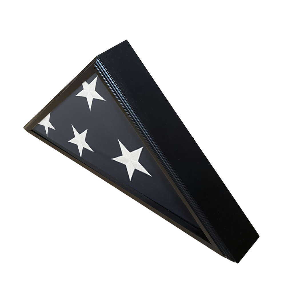 Wooden display case with an American flag on a white background