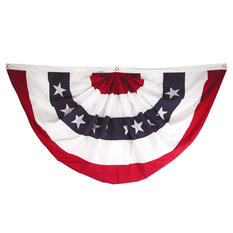 American flag-themed decorative banner with red, white, and blue colors on a white background