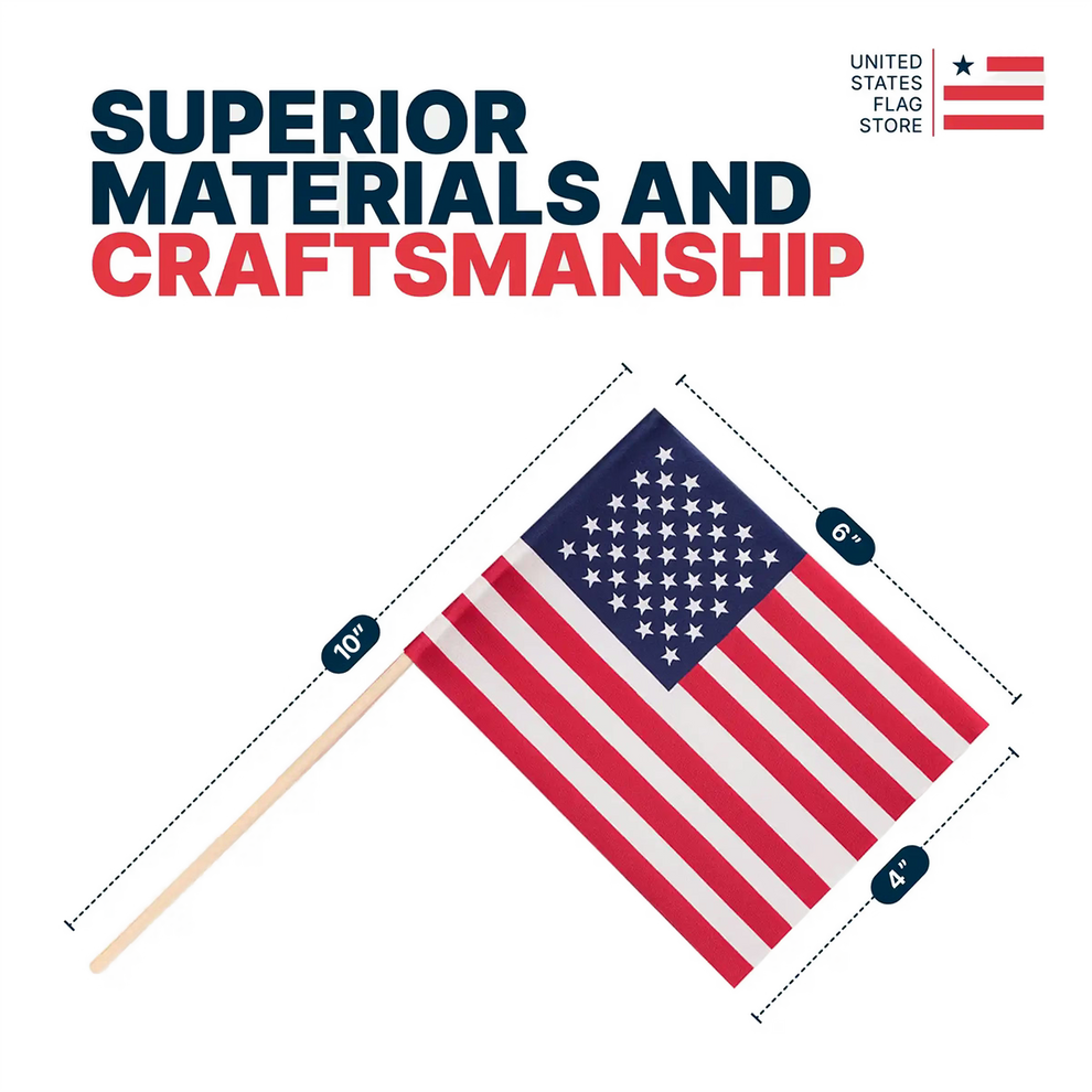 American flag with dimensions and text about superior materials and craftsmanship on a light gray background.