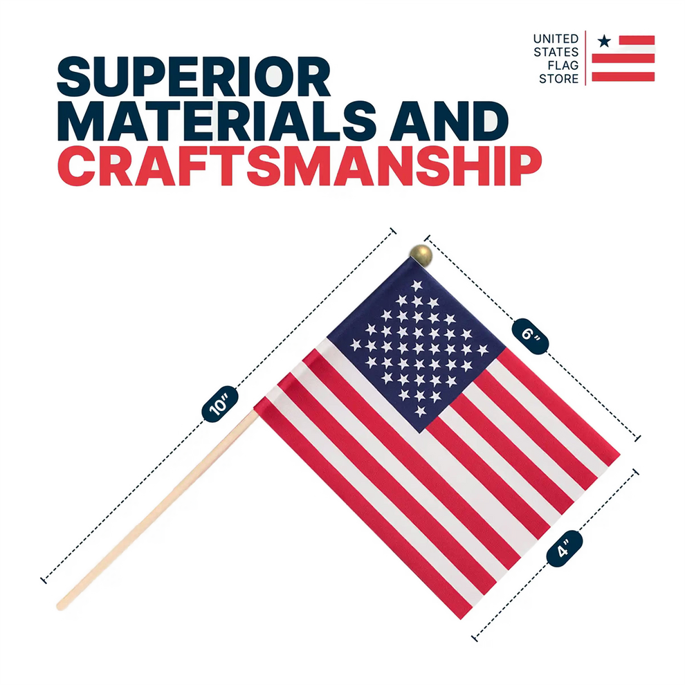 American flag with dimensions and text about superior materials and craftsmanship on a light gray background.