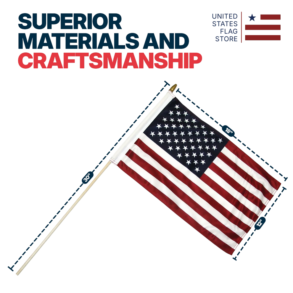 An American flag on a pole shown on a white background with marketing text reading 'SUPERIOR MATERIALS AND CRAFTSMANSHIP' and a 'United States Flag Store' logo. The flag includes size callouts along the pole and flag edges.