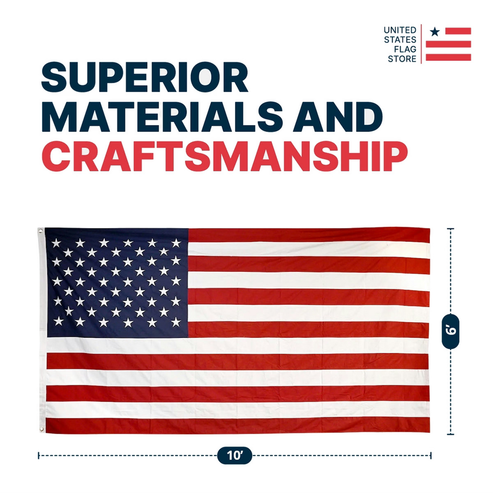 A 10x6 foot American flag shown on a light gray background with text reading 'SUPERIOR MATERIALS AND CRAFTSMANSHIP' and a 'United States Flag Store' logo. Dimension callouts indicate 10 feet wide and 6 feet tall.