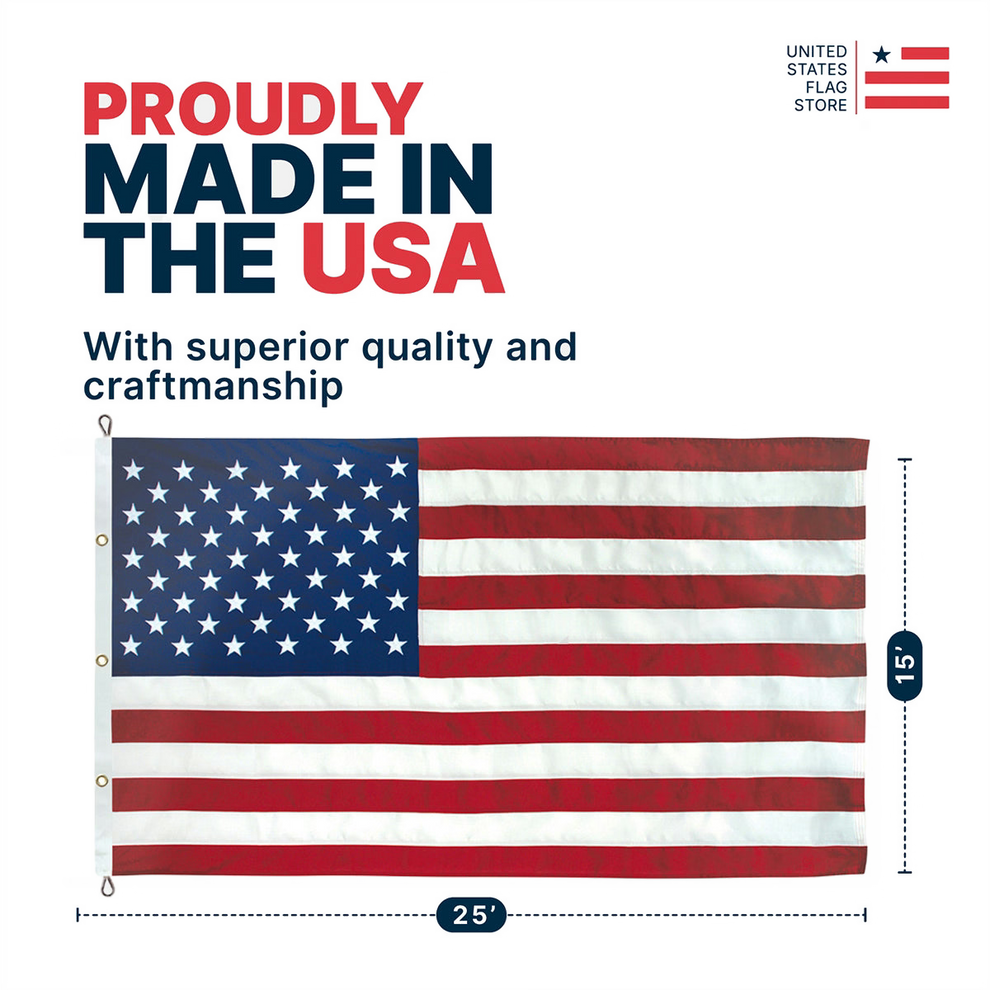 An American flag shown on a light gray background with promotional text reading 'Proudly Made in the USA' and size callouts indicating 25 inches wide by 15 inches tall. A small 'United States Flag Store' logo appears in the top right.