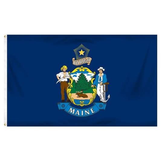 State of Maine blue flag featuring the full-color state seal with a moose, pine tree, farmer, and sailor on a blue field with text 'DIRIGO' and a yellow star.  