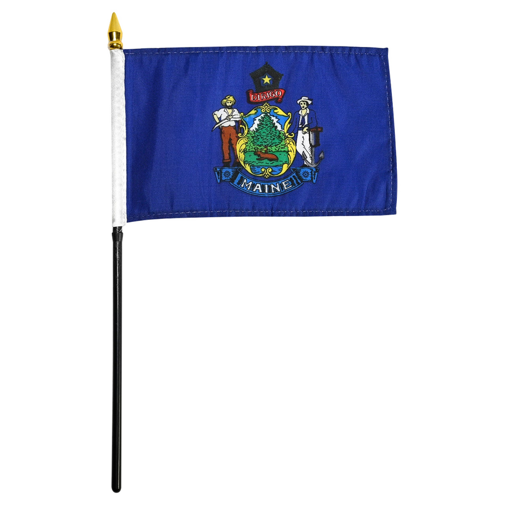 State of Maine blue stick flag featuring the full-color state seal with a moose, pine tree, farmer, and sailor on a blue field with text 'DIRIGO' and a yellow star.  