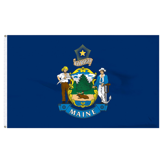 State of Maine blue flag featuring the full-color state seal with a moose, pine tree, farmer, and sailor on a blue field with text 'DIRIGO' and a yellow star.