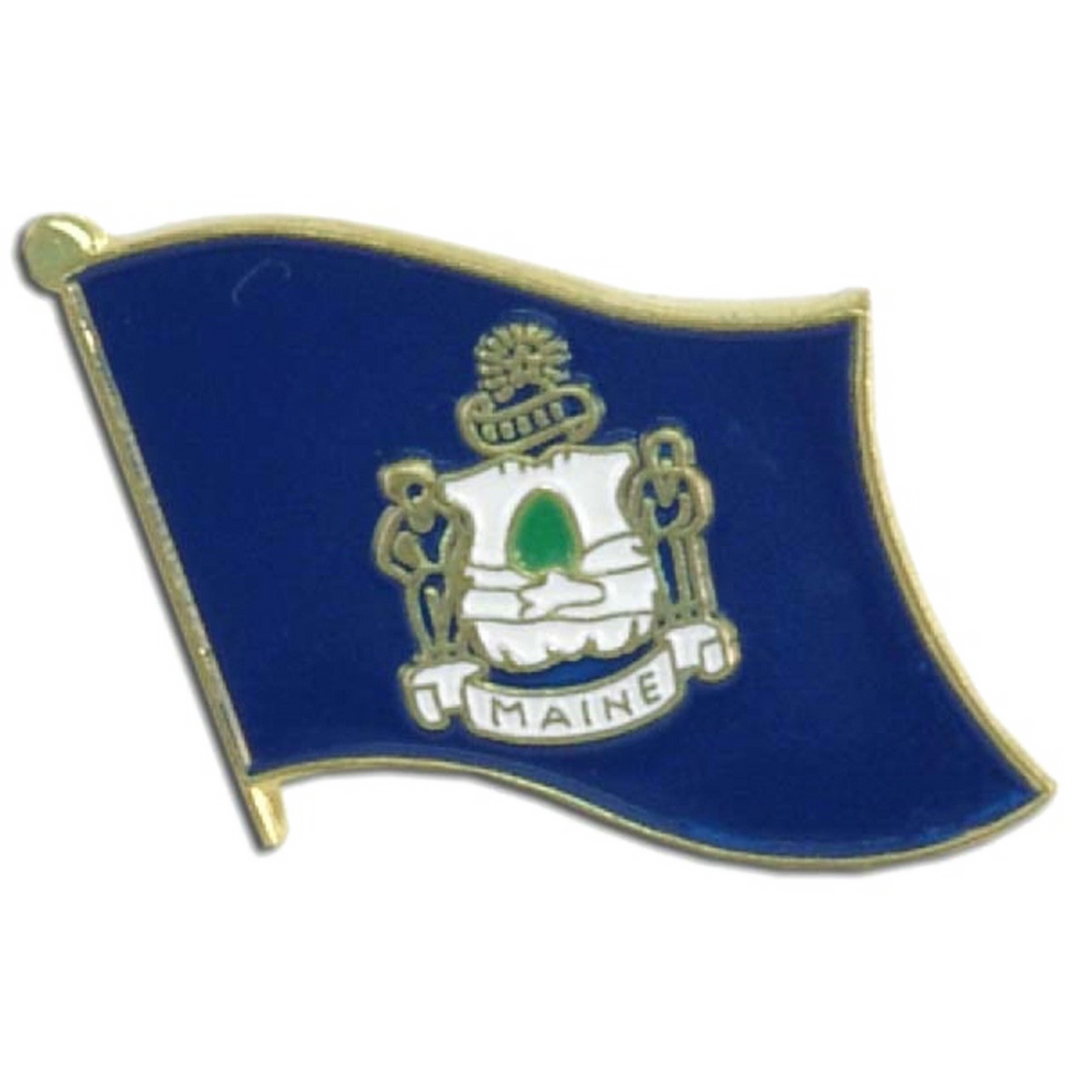 Pin with the design of the Maine state flag on a blue background