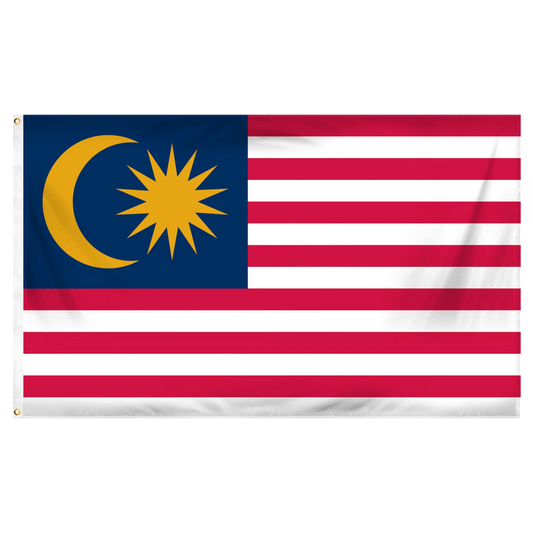Flag of Malaysia with a blue canton featuring a yellow crescent and star and seven red stripes and seven white stripes.