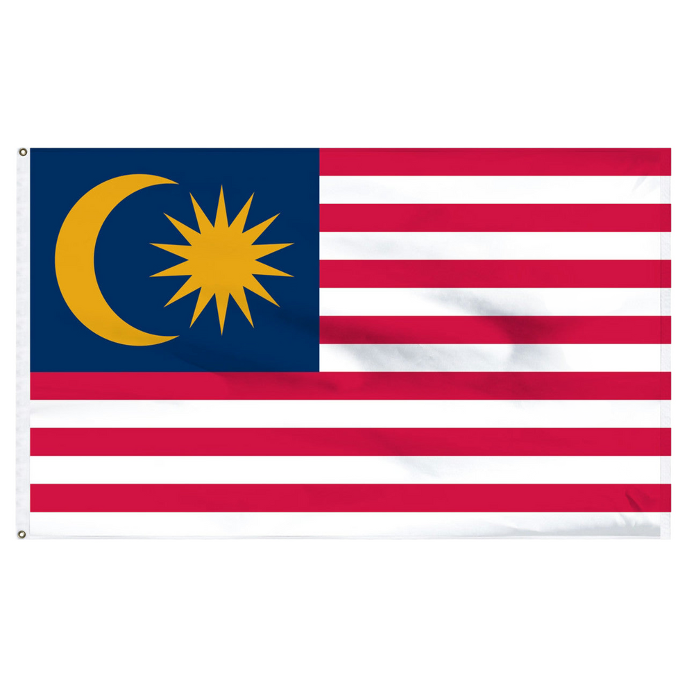 Flag of Malaysia with a blue canton featuring a yellow crescent and star and seven red stripes and seven white stripes.