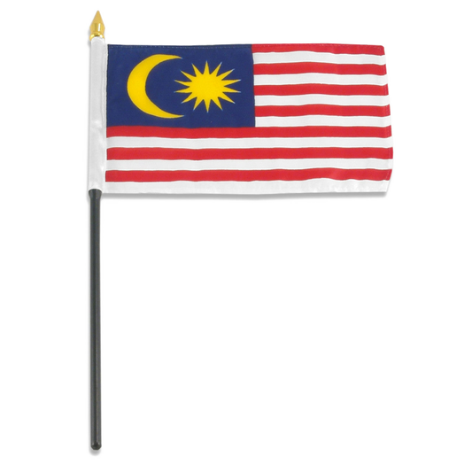 Malaysian flag on a stick with a white background