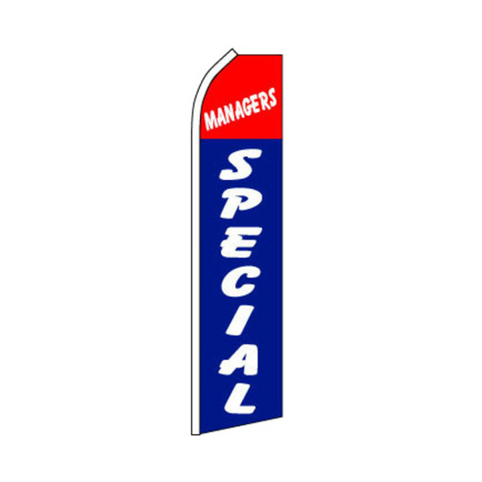 Swooper flag with 'Managers Special' text on a white background
