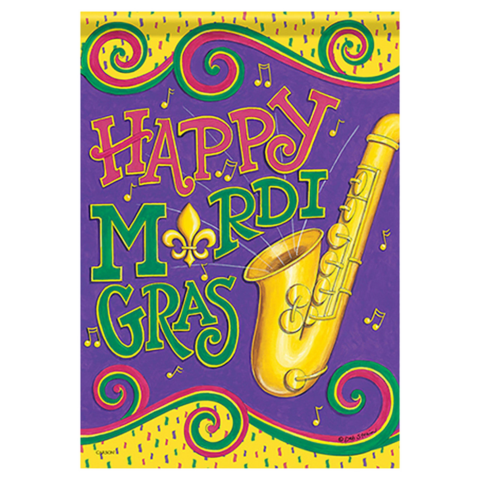 Colorful 'Happy Mardi Gras' banner with a saxophone on a purple background