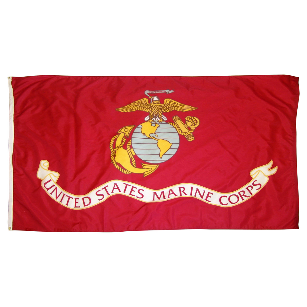 Red flag with United States Marine Corps emblem on a white background