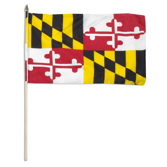 Maryland state flag on a stick with black, yellow, and red design on a white background