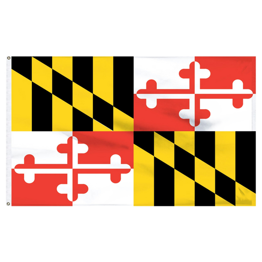 Flag with Maryland's official design featuring black, yellow, and red diagonal stripes and a white cross.
