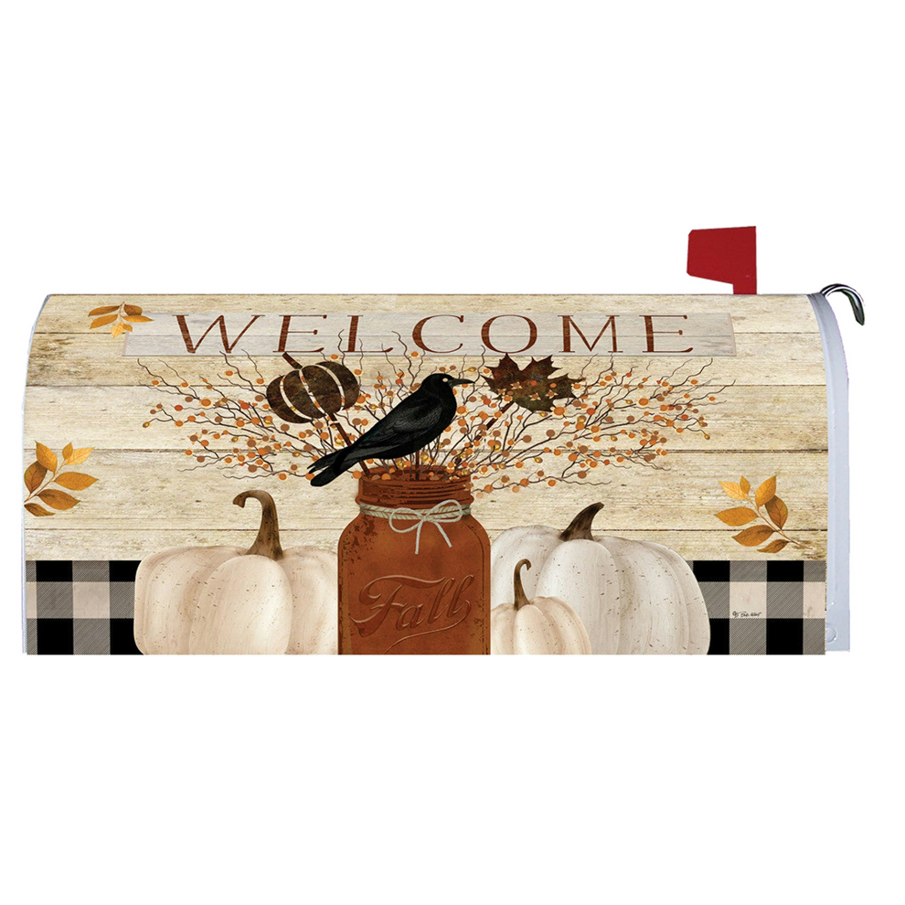 Decorative mailbox cover with autumn theme featuring pumpkins, a bird, and the word 'Welcome'.