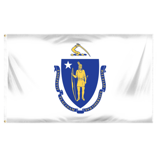 Massachusetts state flag featuring a white field centered with the state coat of arms, which includes a blue shield depicting a Native American figure and a white star, topped by a crest of an arm holding a sword, and surrounded by a blue ribbon bearing a gold motto.