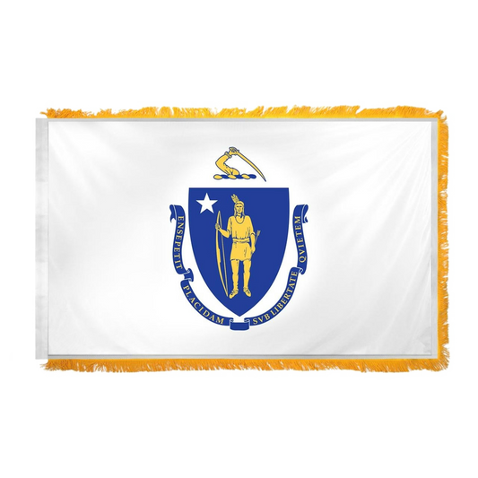 Massachusetts state flag with white field, blue shield, Native American figure, star, and gold fringe.