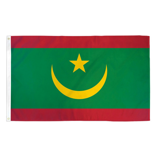 National flag of Mauritania featuring a green field with top and bottom red horizontal stripes, and a central yellow upward-pointing crescent and five-pointed star.