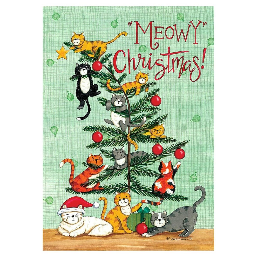 Christmas-themed garden flag with cats around a Christmas tree and 'Meowy Christmas!' text.