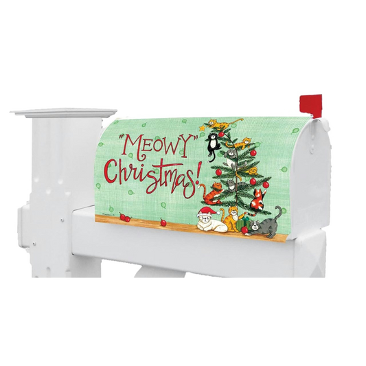 White mailbox with a Christmas-themed cover featuring cats around a tree and 'Meowy Christmas!' text.