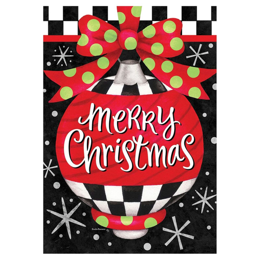 Decorative flag with a Christmas ornament with 'Merry Christmas' text and polka dot bow on a black background.
