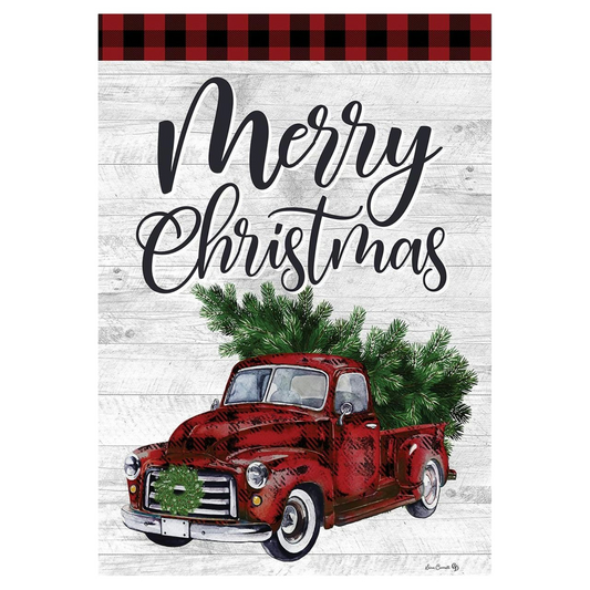 Decorative garden flag with a red truck with Christmas tree on a white background with 'Merry Christmas' text.