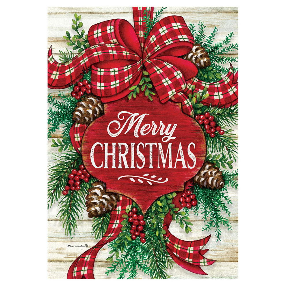 Christmas-themed decorative flag with plaid bow, pinecones, and 'Merry Christmas' text on a wooden background.