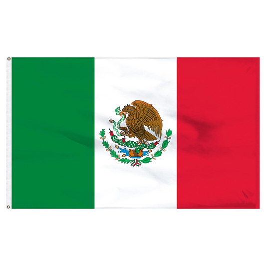 Flag of Mexico with green, white, and red colors and a central coat of arms featuring a bird.