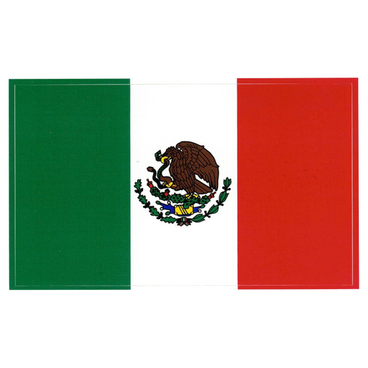 Flag of Mexico with green, white, and red colors and a central coat of arms featuring a bird.