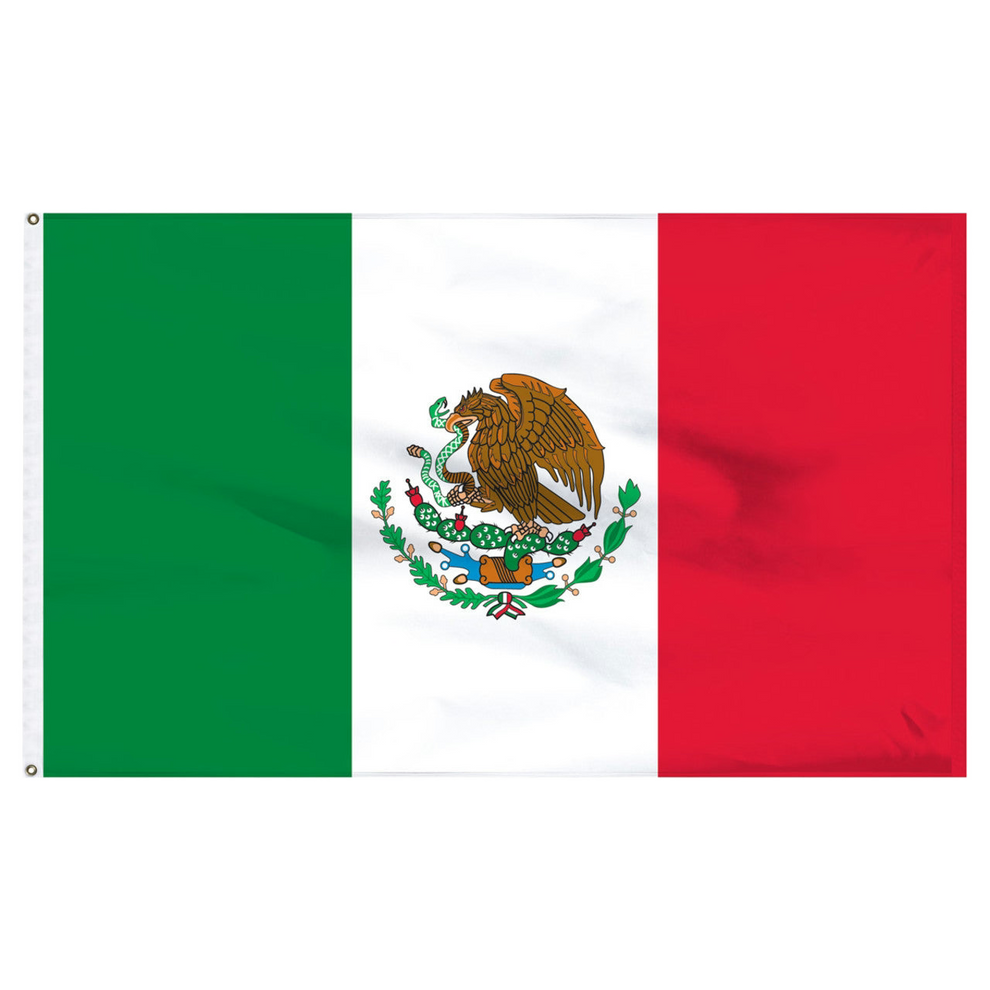 Flag of Mexico with green, white, and red colors and a central coat of arms featuring a bird.