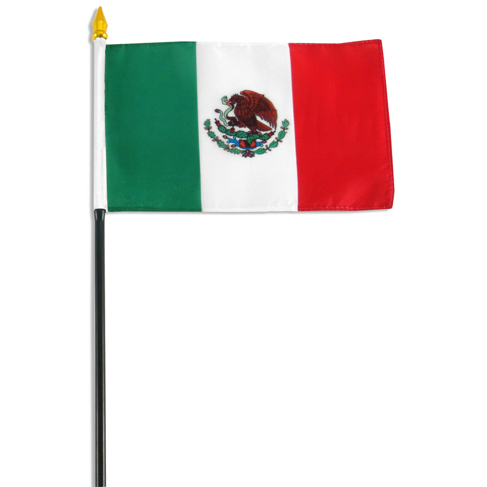A small Mexican flag on a black pole with a gold spear finial, shown against a plain white background.