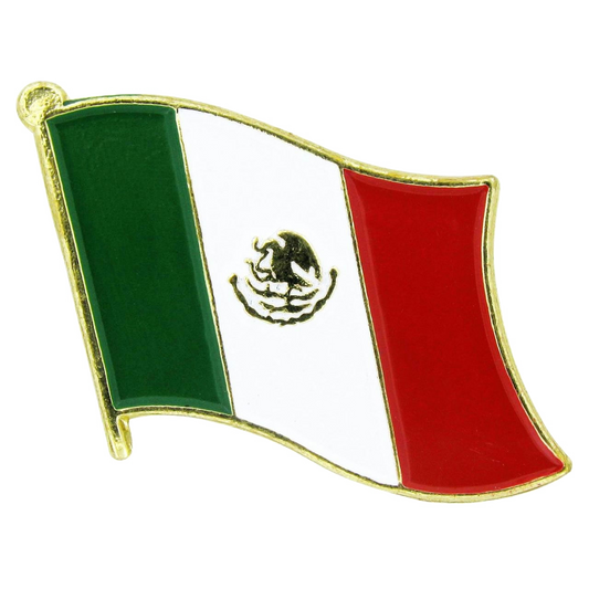 Mexican flag lapel pin with gold border on a white background
