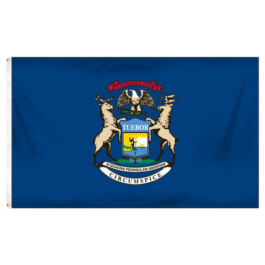 State of Michigan flag featuring the full-color state coat of arms with elk, moose, bald eagle, and traditional Latin mottos on a dark blue background.