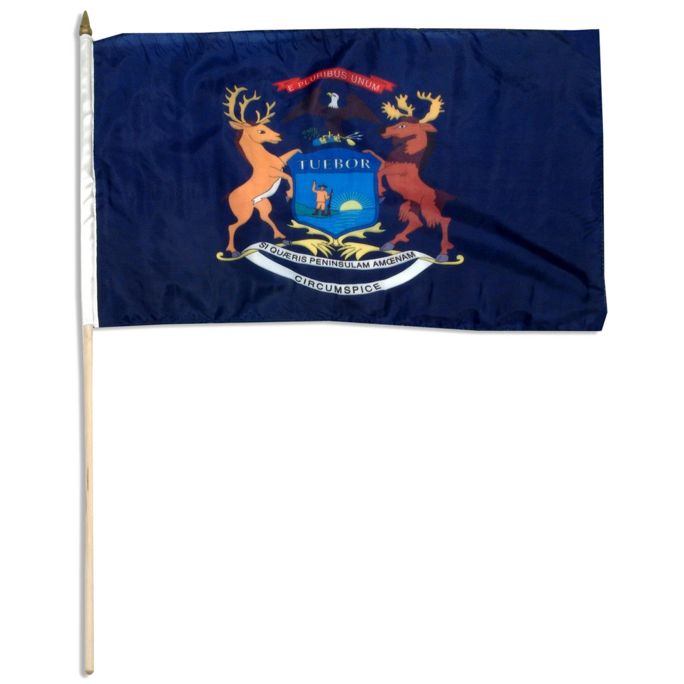 State of Michigan flag with a coat of arms on a blue background