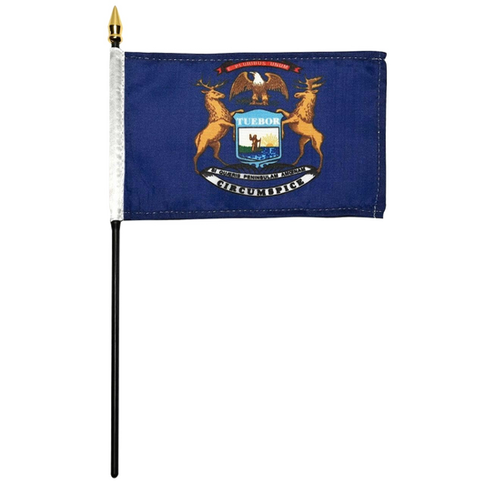 State of Michigan stick flag featuring the full-color state coat of arms with elk, moose, bald eagle, and traditional Latin mottos on a dark blue background.
