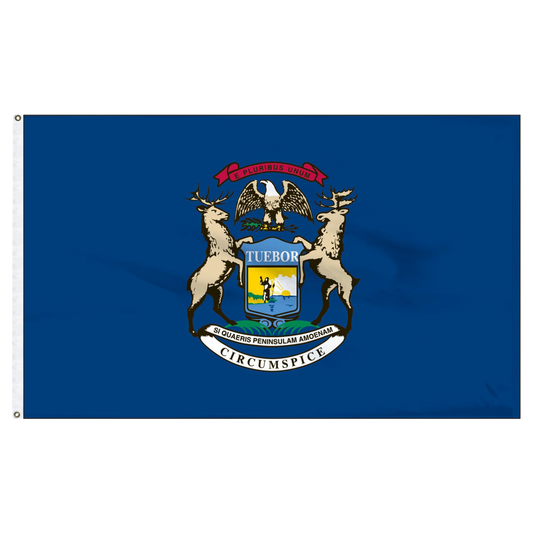 Michigan state flag with a coat of arms featuring two deer and an eagle on a blue background