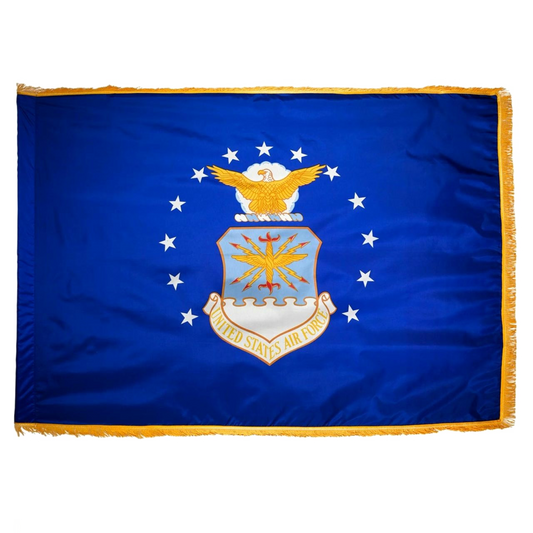 Flag of the United States Air Force with blue background, yellow border, and emblem featuring an eagle.