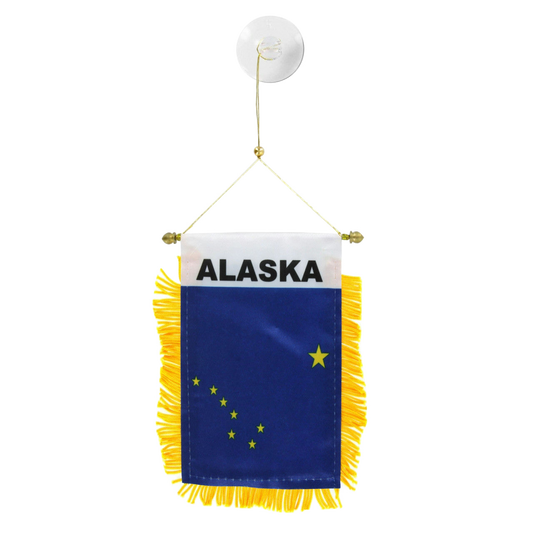 Small blue Alaska state flag with yellow fringe on a white background