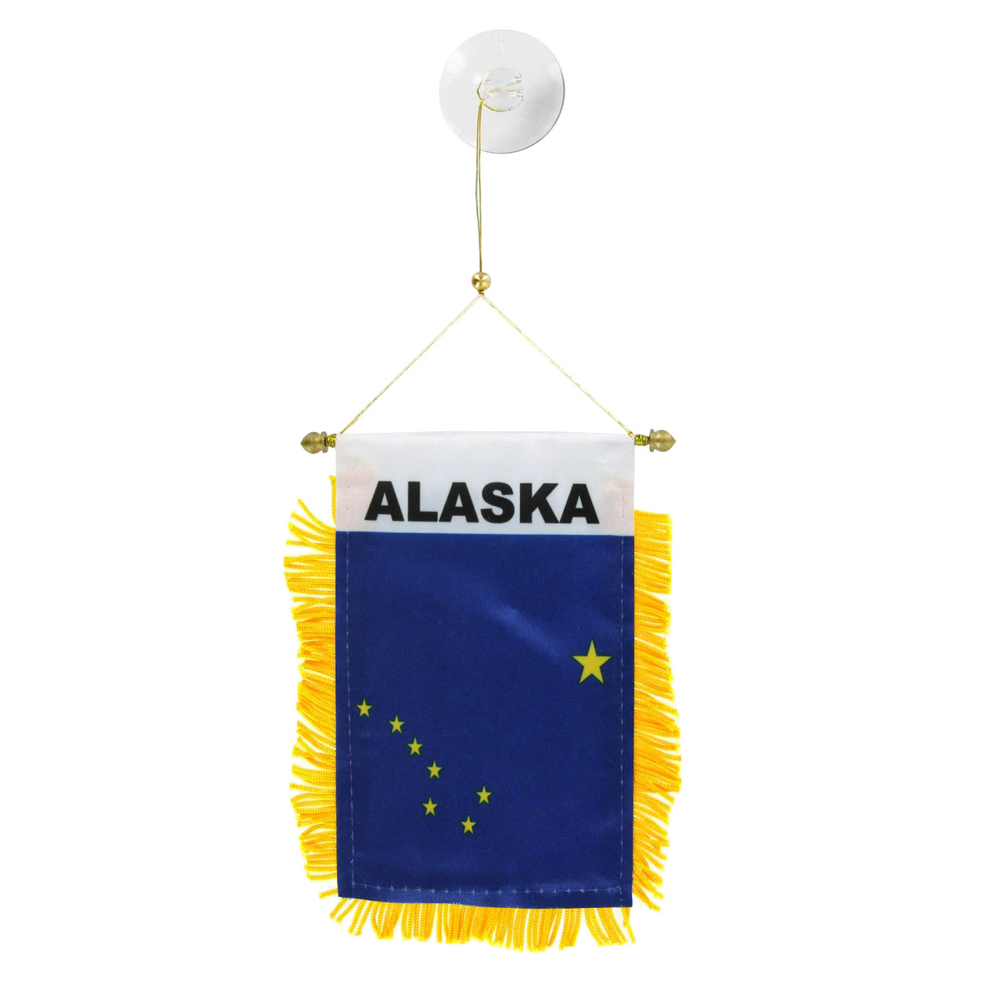Small blue Alaska state flag with yellow fringe on a white background