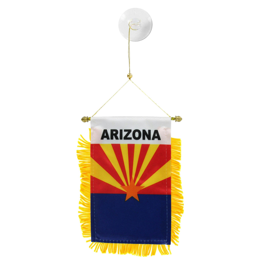 Arizona state flag hanging banner with yellow fringe on a white background