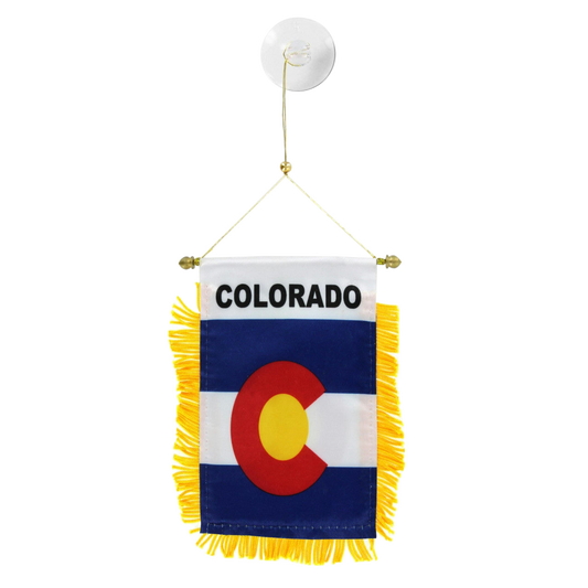 Colorado state flag hanging banner with yellow fringe on a white background