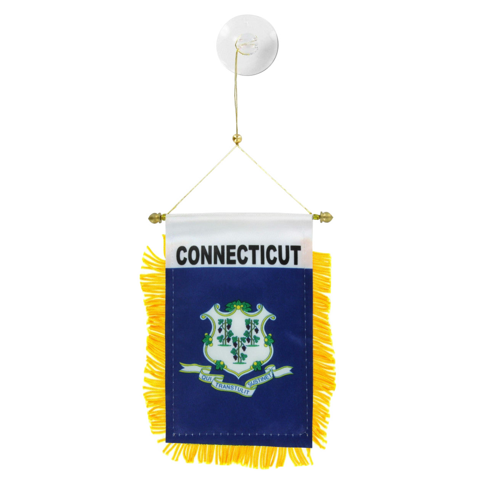 Small flag with 'Connecticut' text and emblem on a white background