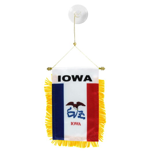 Hanging Iowa state flag with colorful fringe on a white background