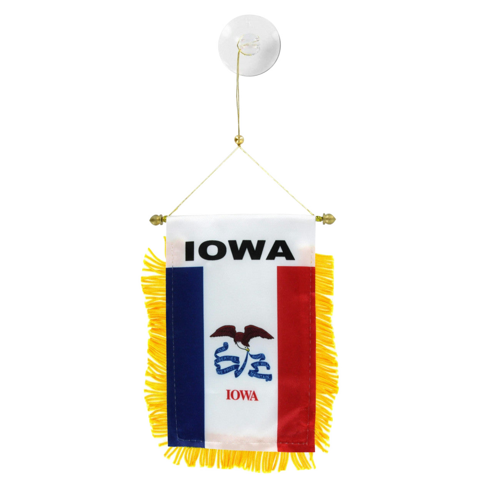 Hanging Iowa state flag with colorful fringe on a white background