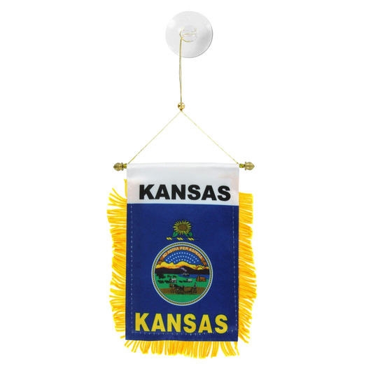 Small flag with 'Kansas' text and emblem on a white background