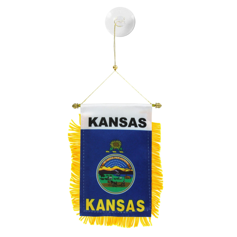 Small flag with 'Kansas' text and emblem on a white background