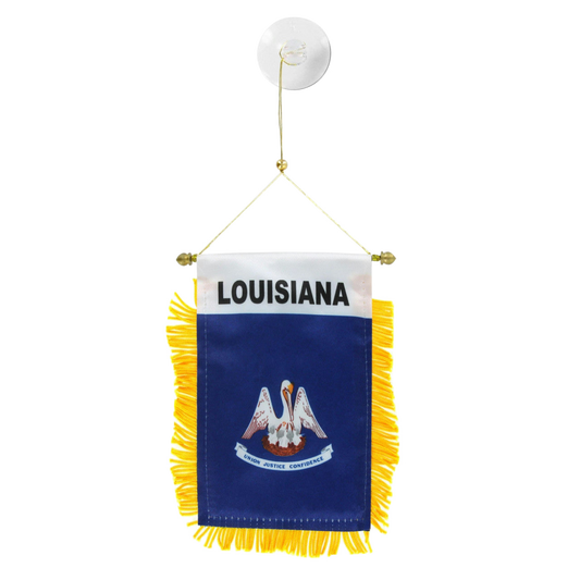 Small flag with 'Louisiana' text and emblem on a white background
